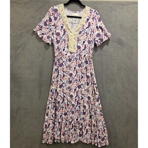 Sunday Mi Amor Anthropology Floral Maxi Dress Women SZ Medium Lace V-Neck Boho